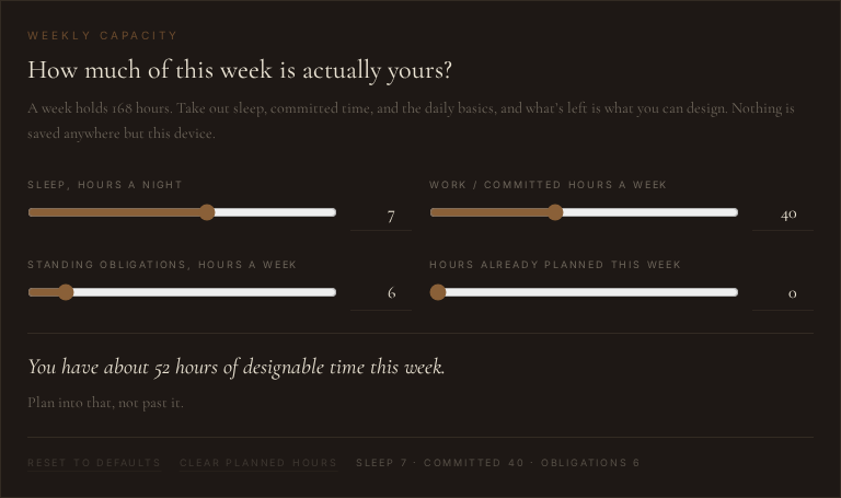 Weekly Capacity calculator showing 52 hours of designable time